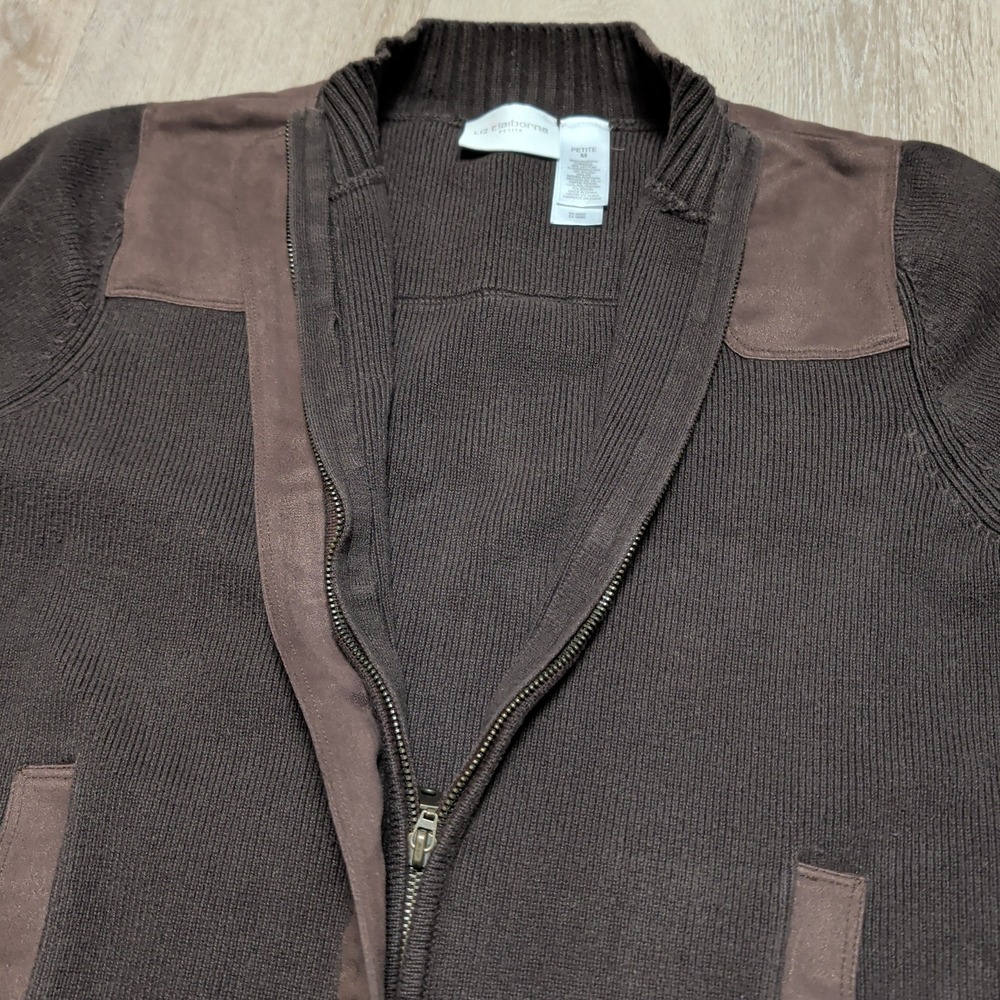 Liz Claiborne Petite Brown Zip Up Cardigan Sweater Faux Suede Patch Women Medium - Picture 3 of 6